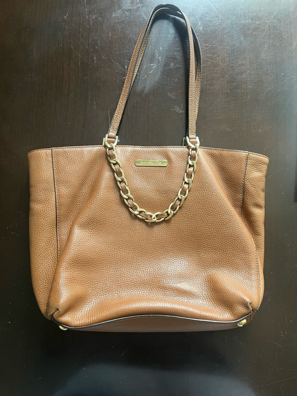 Michael Kors Cognac Leather Tote with Gold Chain Detail